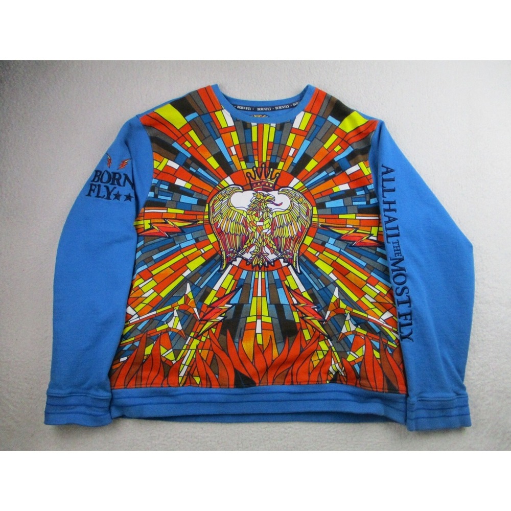 Born Fly All Hail The Most Sweatshirt Mens 2XL Blue Colorful Graphic Long Sleeve